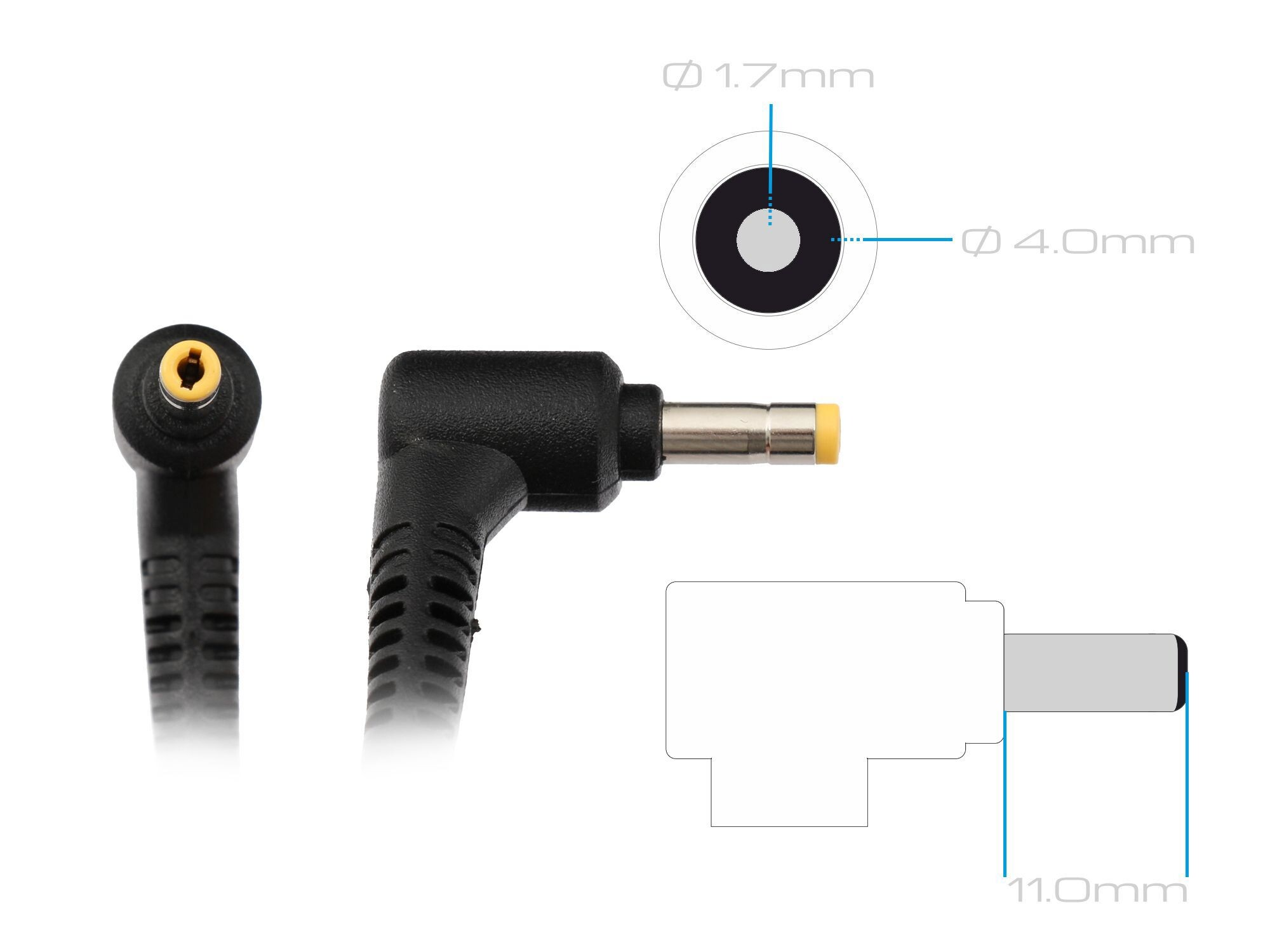 Winkelstromstecker mit 4.0mm Außendurchmesser und 1.7mm Innendurchmesser inklusive technischer Zeichnungen.