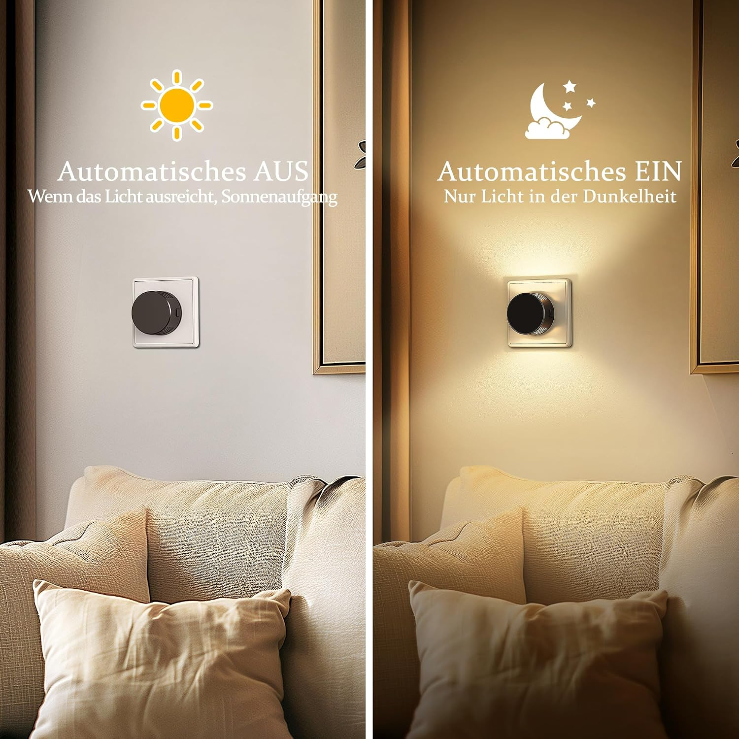 Vergleich zweier Szenen: Links automatisches Aus bei Licht, rechts automatisches Ein im Dunkeln über Wandleuchte.