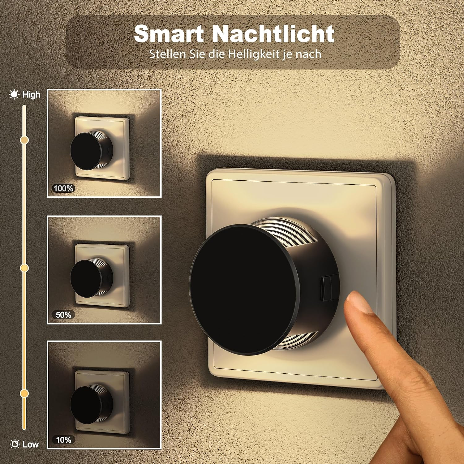 Hand berührt smarten Lichtschalter mit Helligkeitsstufen bei 100%, 50% und 10%.