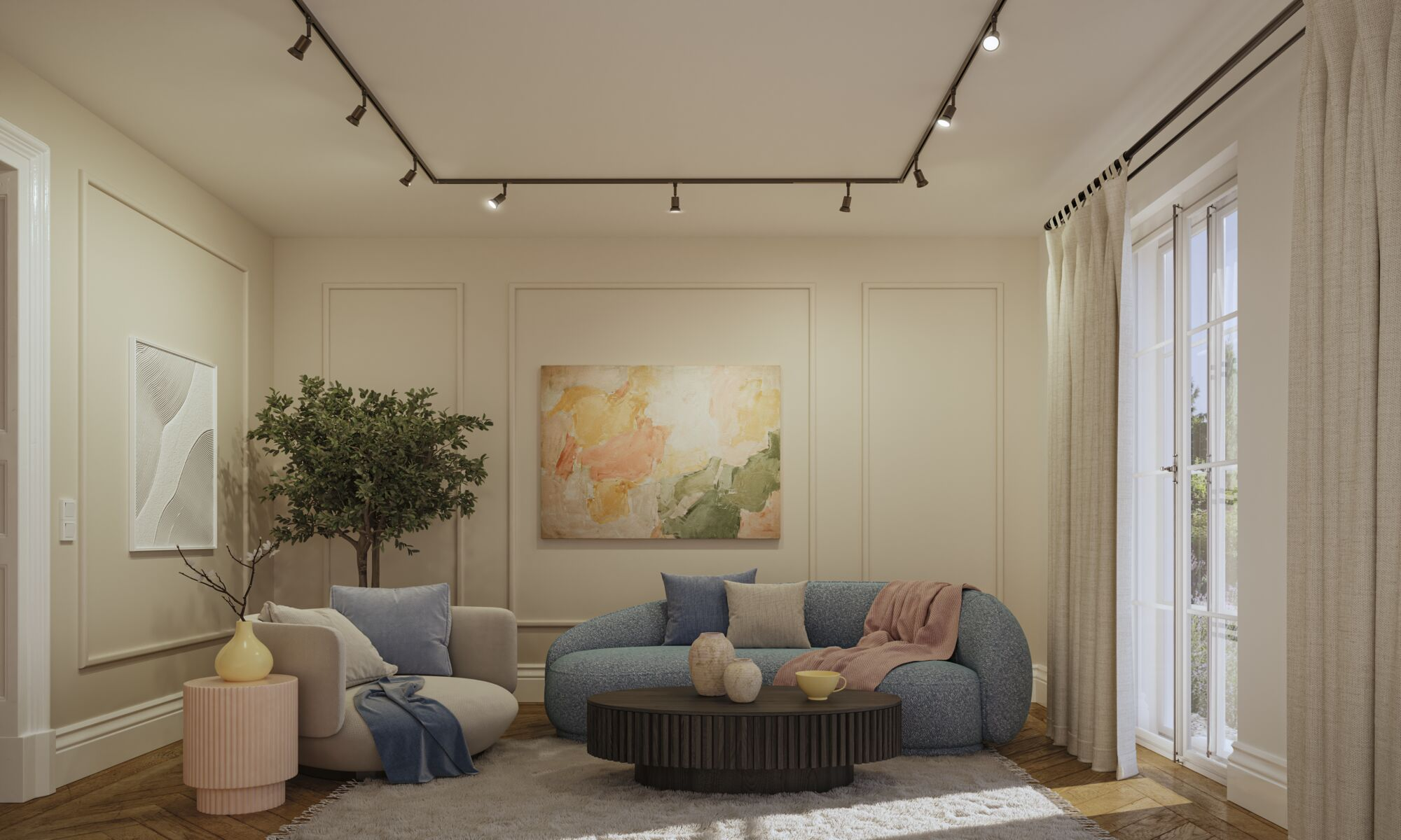 Ein gemütliches Wohnzimmer mit blauem Sofa, Sessel, runden Couchtisch, Wandkunst und Zimmerpflanze.