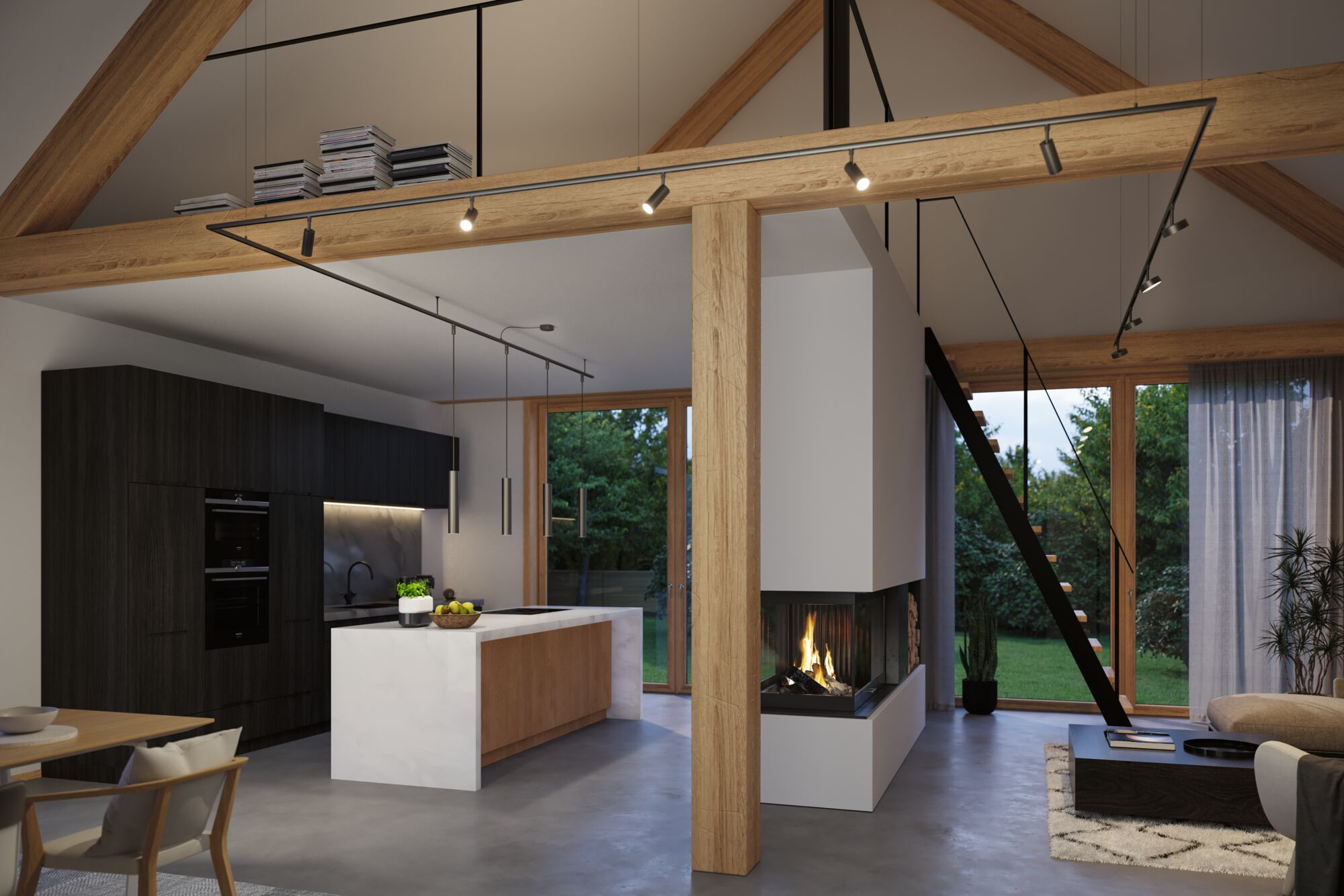 Moderne offene Küche mit Holzbalken, weißem Küchenblock und Kamin in einem gemütlichen Wohnraum.