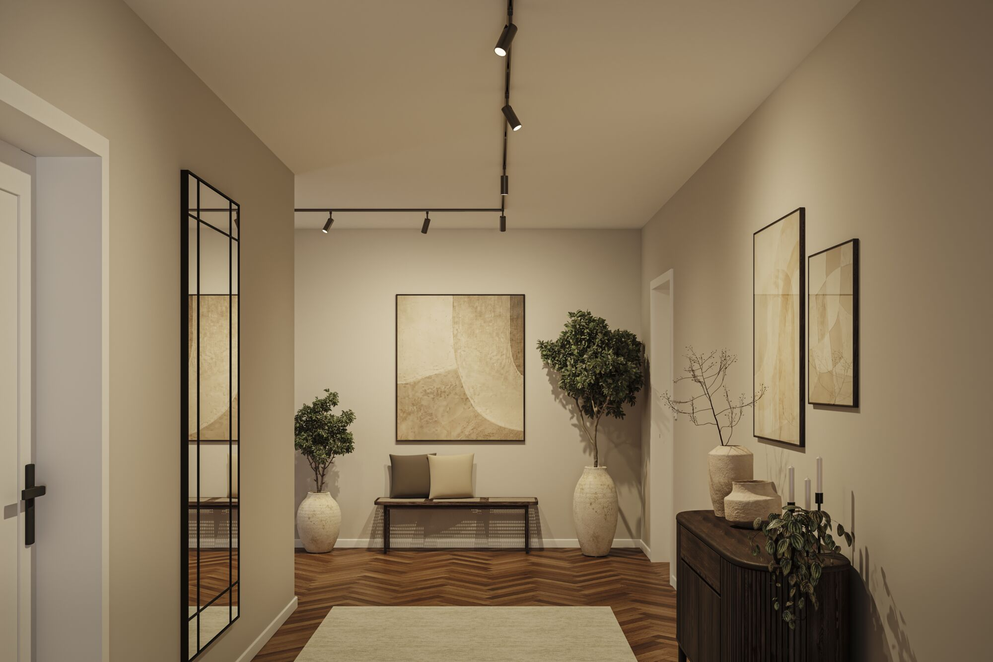 Moderne Flurgestaltung mit Holzfischgrätparkett, gerahmter Kunst, Pflanzen in Vasen und stilvoller Deckenbeleuchtung.