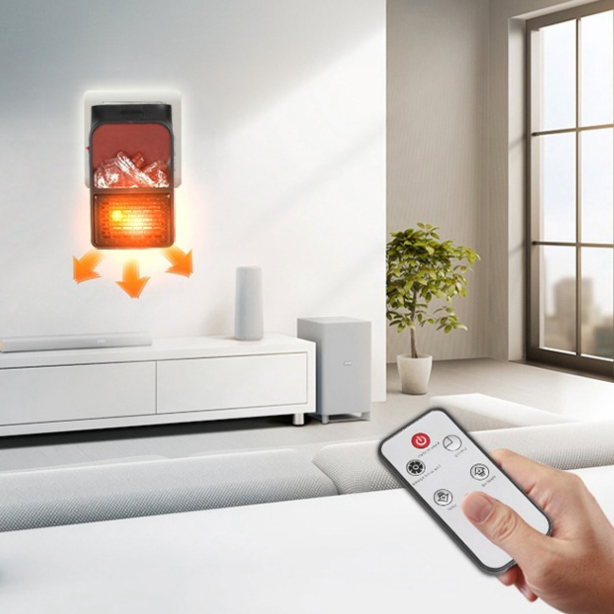 Eine Hand hält eine Fernbedienung vor einer Wandheizung in einem modernen Wohnzimmer.