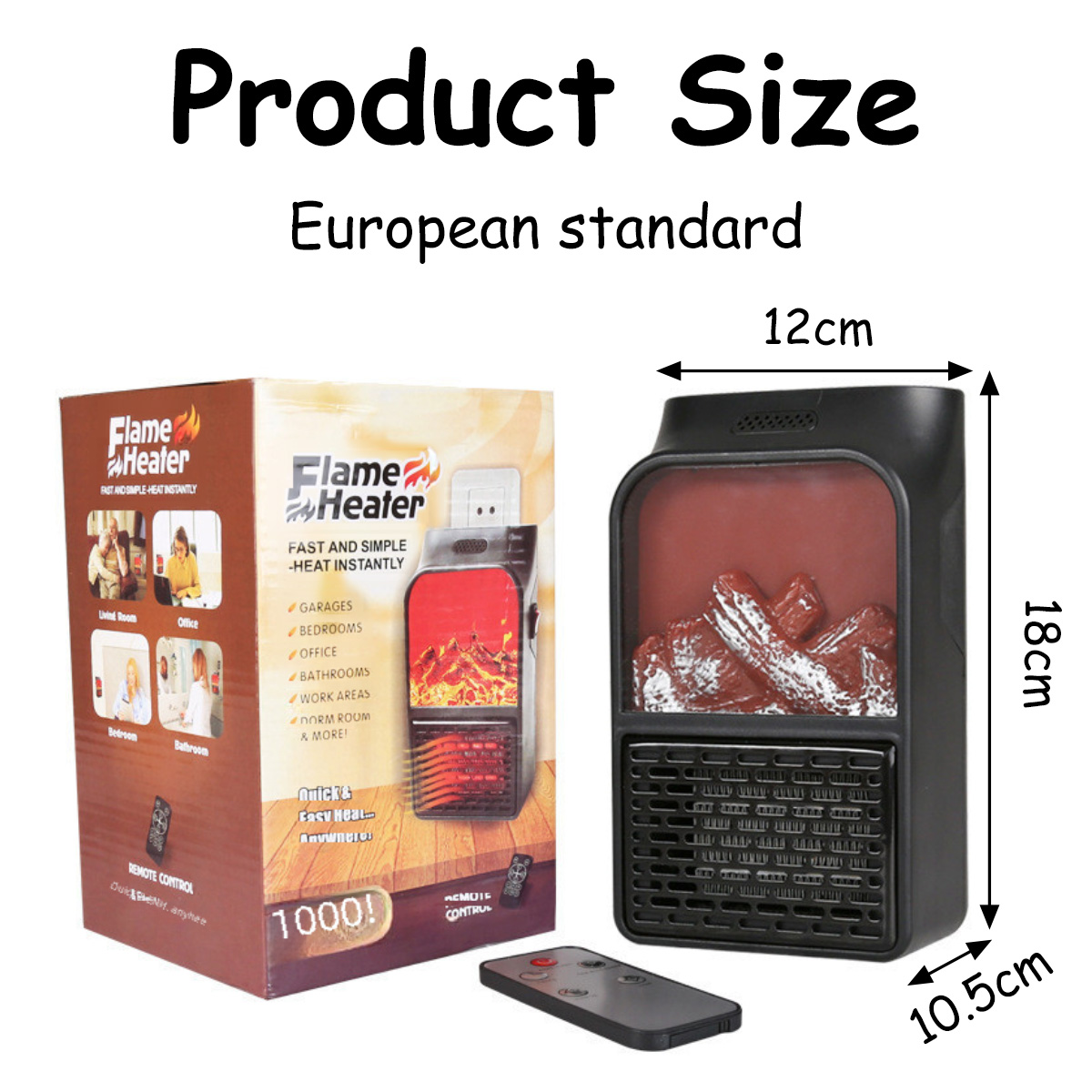 Produktgröße des Flammenheizgeräts: 18cm Höhe, 12cm Breite, 10,5cm Tiefe, mit Verpackung und Fernbedienung.