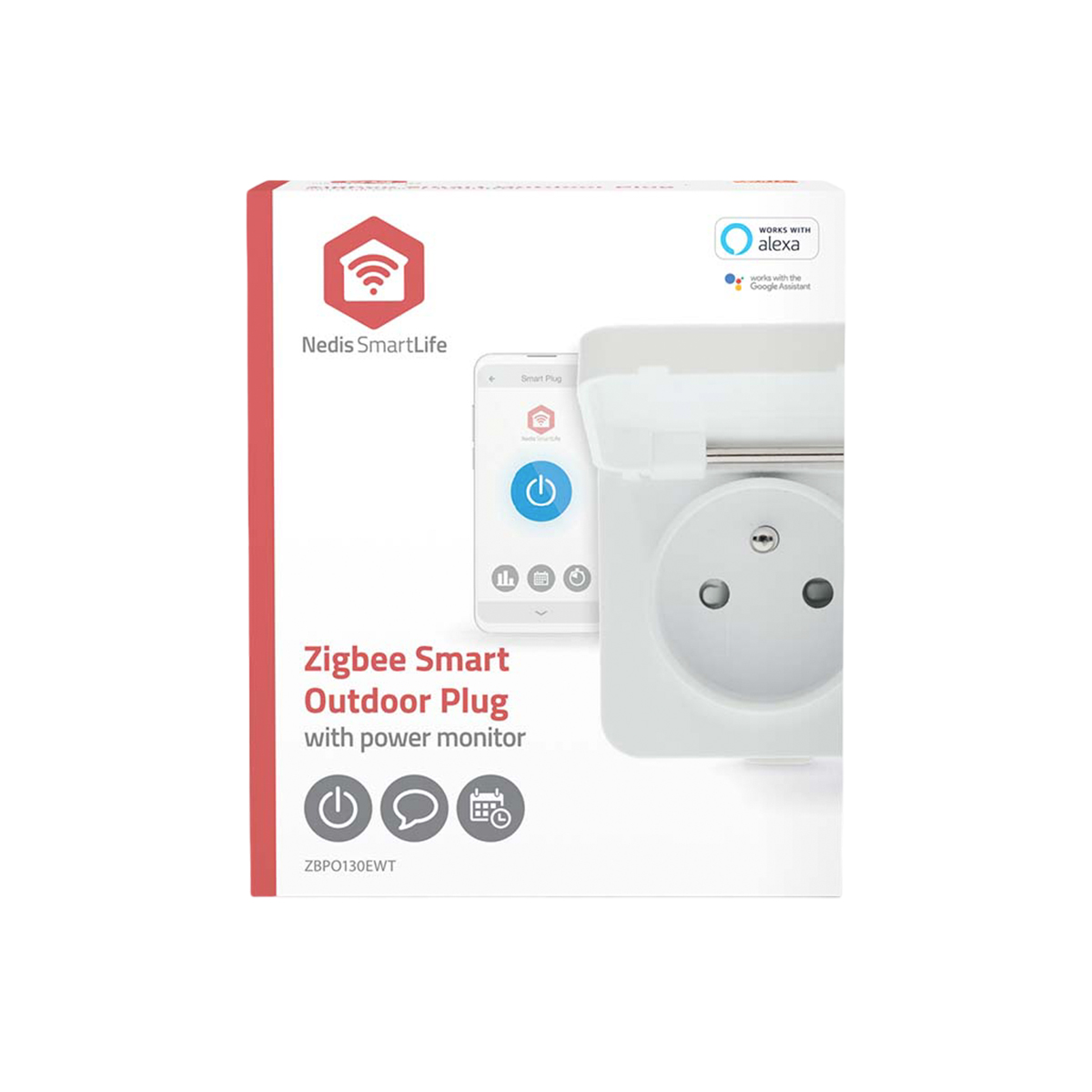 Produktverpackung eines Nedis SmartLife Zigbee Smart Outdoor Plug mit App-Steuerung und Sprachassistenz.