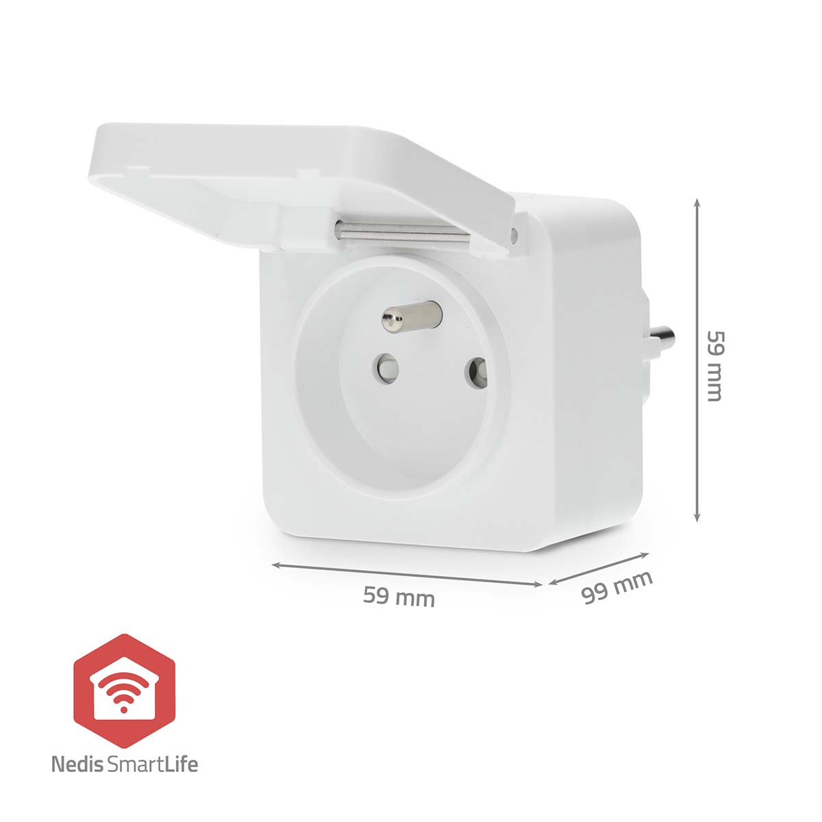 Weißer intelligenter Stecker mit Schutzdeckel, Maße 59x59x99 mm, mit Nedis SmartLife Logo unten links.