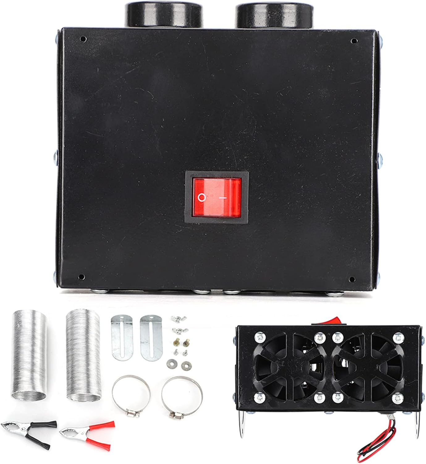 Ein schwarzes Elektronikgehäuse aus Metall mit rotem Schalter, zwei Lüftern und Montagematerial.