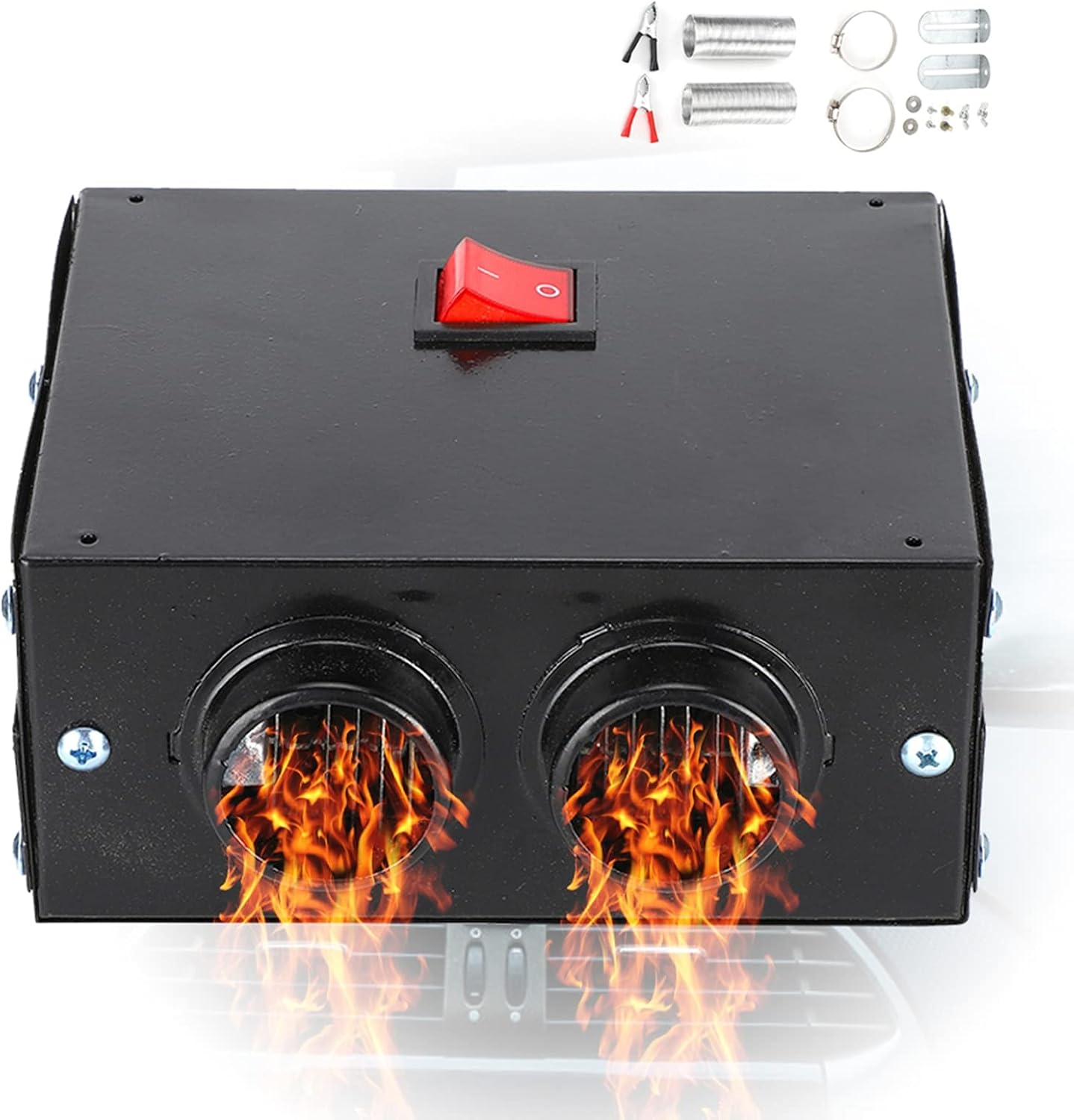 Schwarze Metallbox mit rotem Schalter und zwei Auslässen, aus denen Flammen schlagen, samt Zubehör.