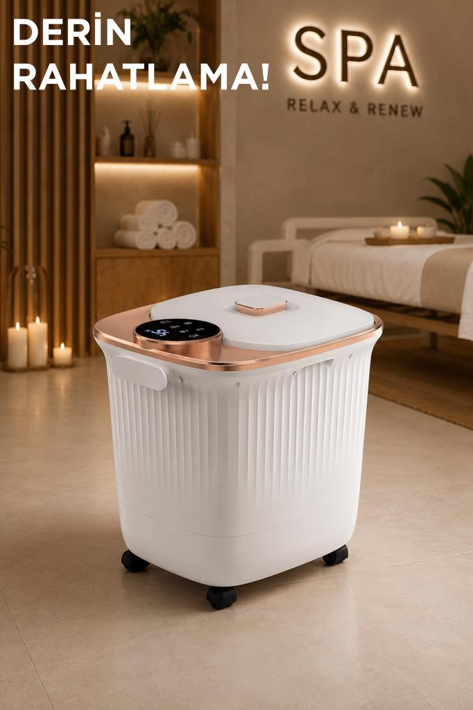 Dijital kontrol paneline sahip beyaz taşınabilir ayak spa küveti, mumlu huzurlu bir spa odasında duruyor.