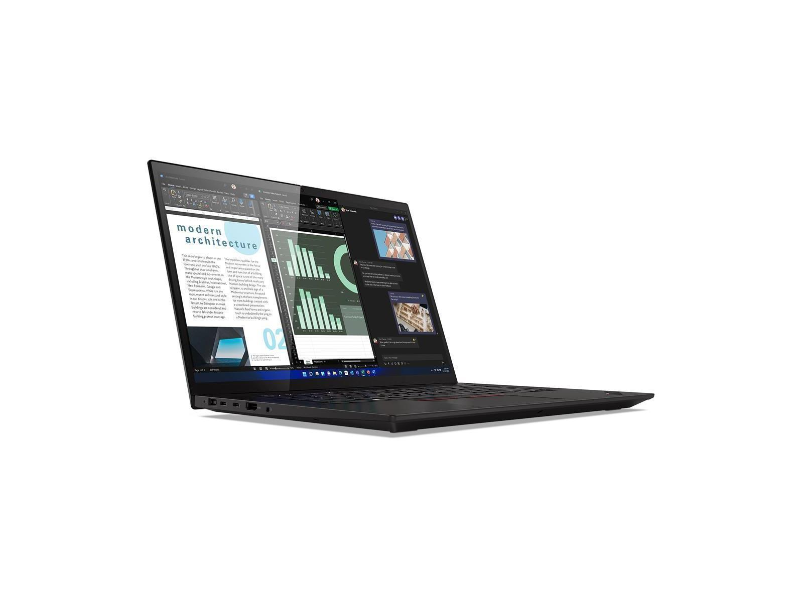 Ein schwarzer Laptop auf weißem Hintergrund zeigt eine geöffnete Präsentation über moderne Architektur auf dem Bildschirm.
