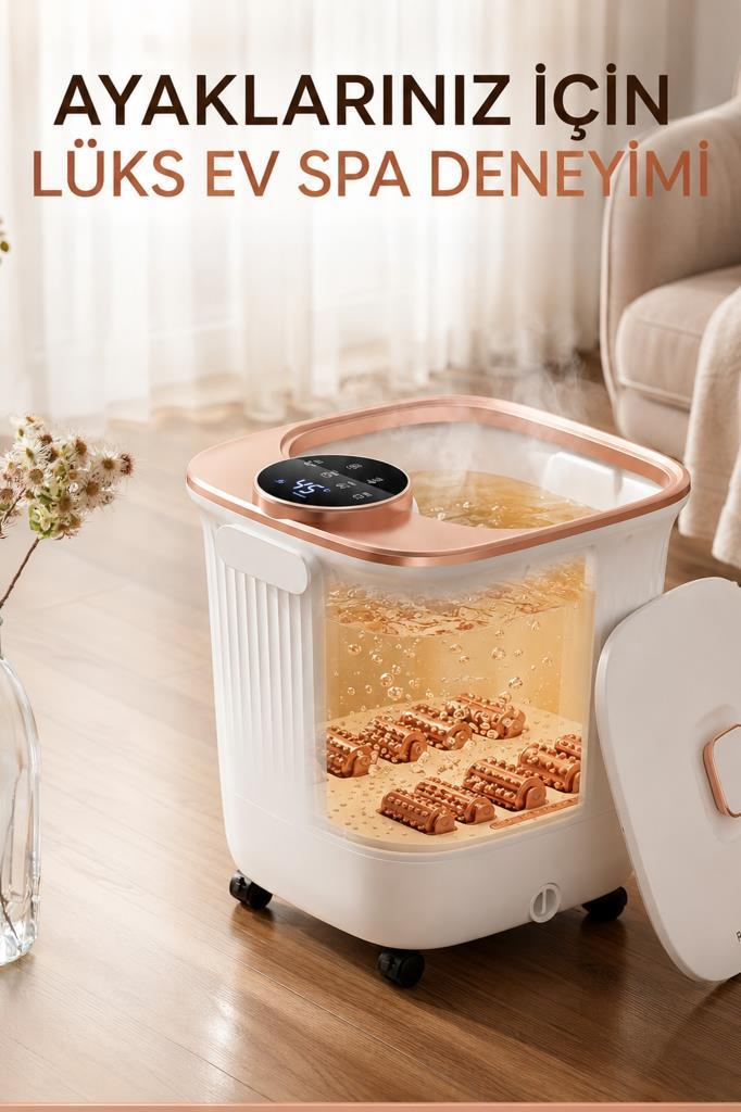 Metinli modern bir odada, silindirli ve ılık sulu beyaz bir ayak spa'sı.