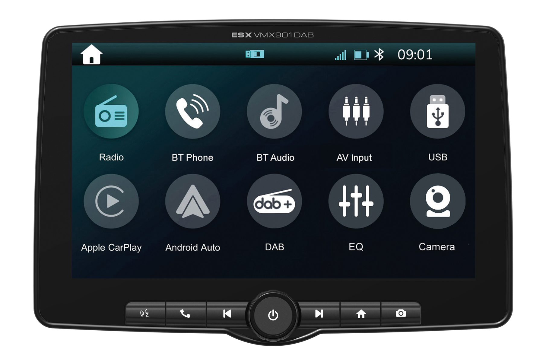 Auto-Infotainment-System mit Touchscreen, Menü-Icons für Radio, Bluetooth, Navigation und Kamera.