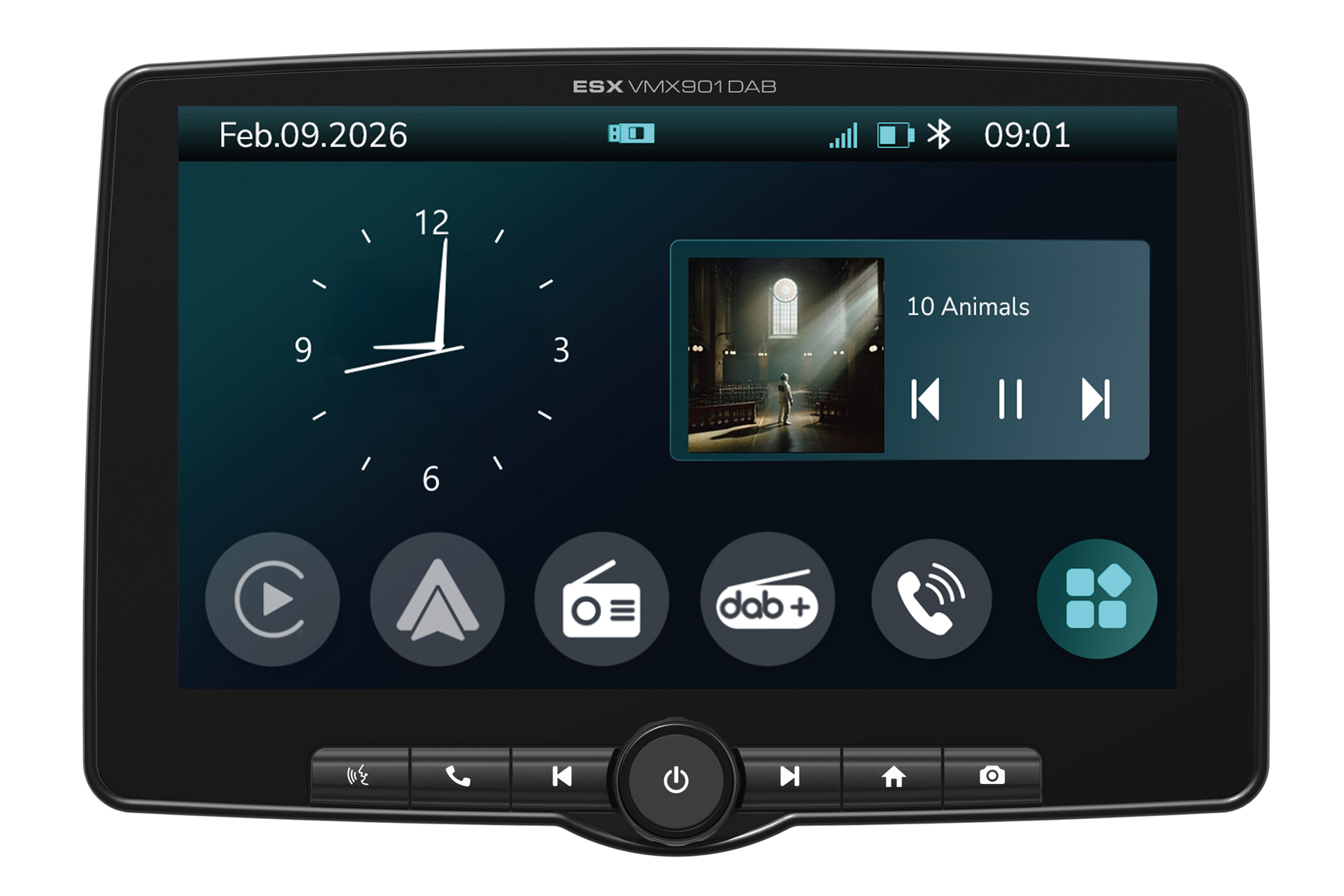 ESX VMX901 DAB Auto-Infotainment-System mit digitalem Dashboard, Uhr, Musikplayer und physischen Tasten.