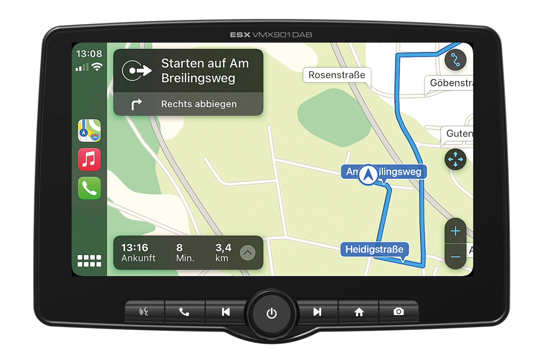Ein Carplay-Navigationssystem mit einer Routenkarte und Richtungsanweisungen.