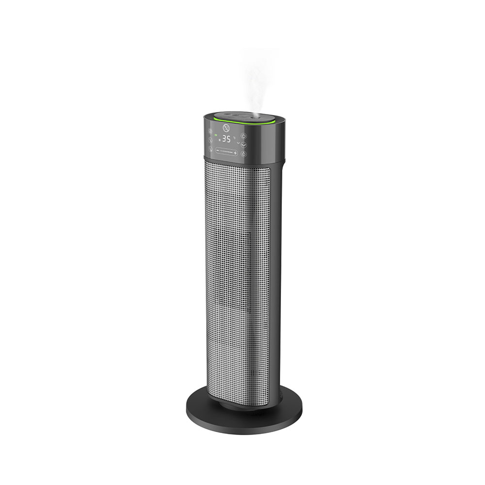 Un ventilatore a torre grigio con griglia metallica e vapore che fuoriesce dalla sommità, su base circolare.