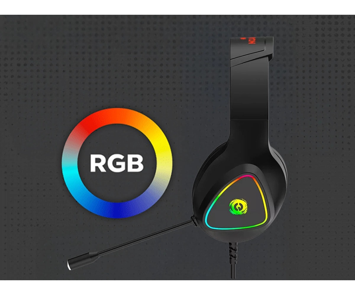 Czarne słuchawki dla graczy z mikrofonem i oświetleniem RGB na szarym tle z kołem kolorów RGB.