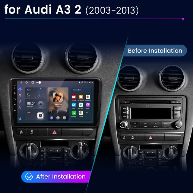 Vergleich der Audi A3 Mittelkonsole vor und nach der Installation eines neuen Touchscreen-Radios.