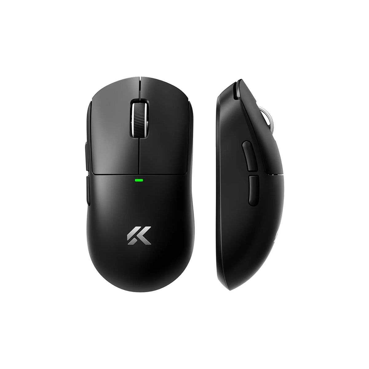Beyaz arka planda kaydırma tekerleği ve yan tuşları olan siyah kablosuz bilgisayar mouse'unun üst ve yan görünümleri.