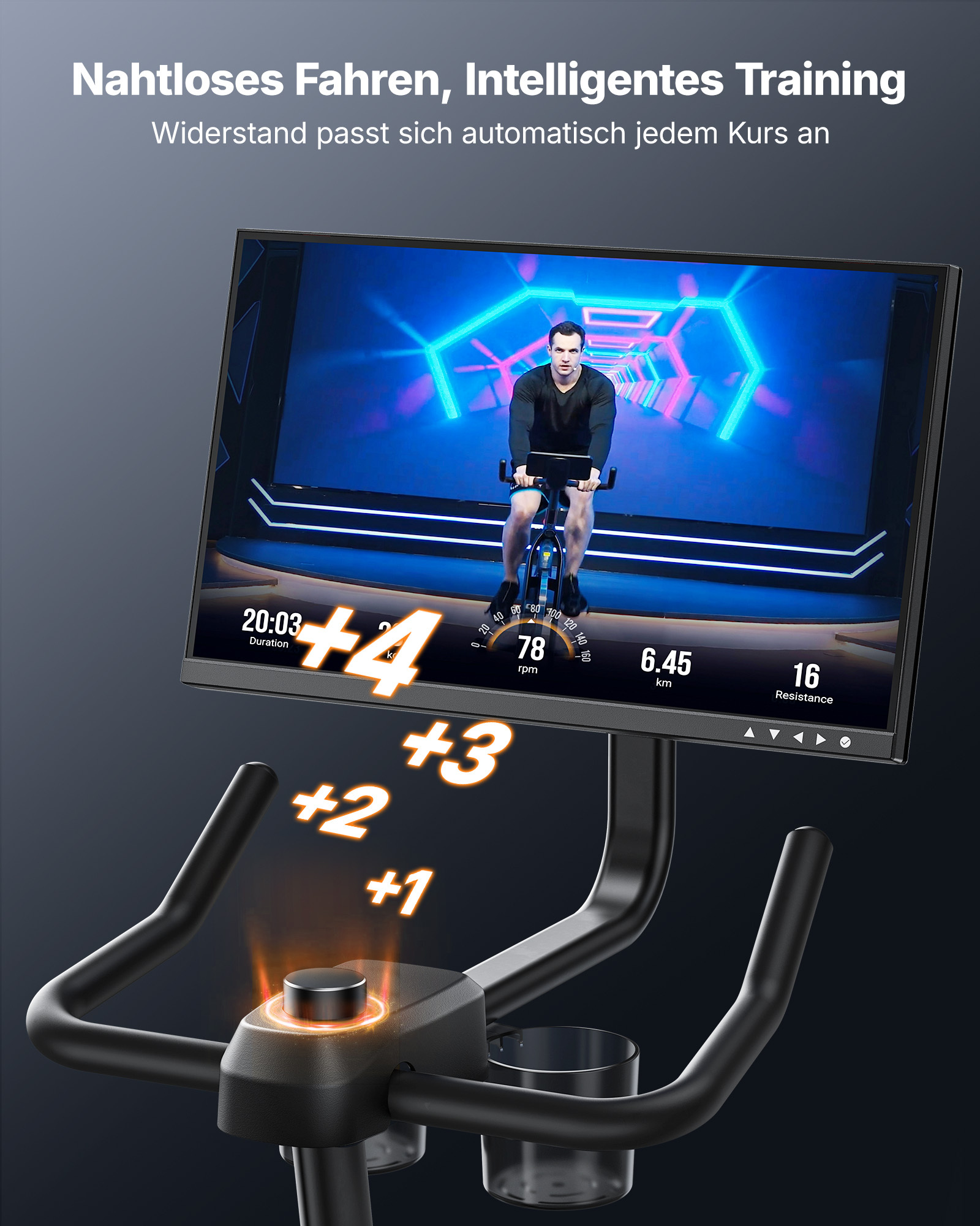 Ein Heimtrainer mit großem Bildschirm, der ein Trainingsvideo und Trainingsdaten anzeigt.