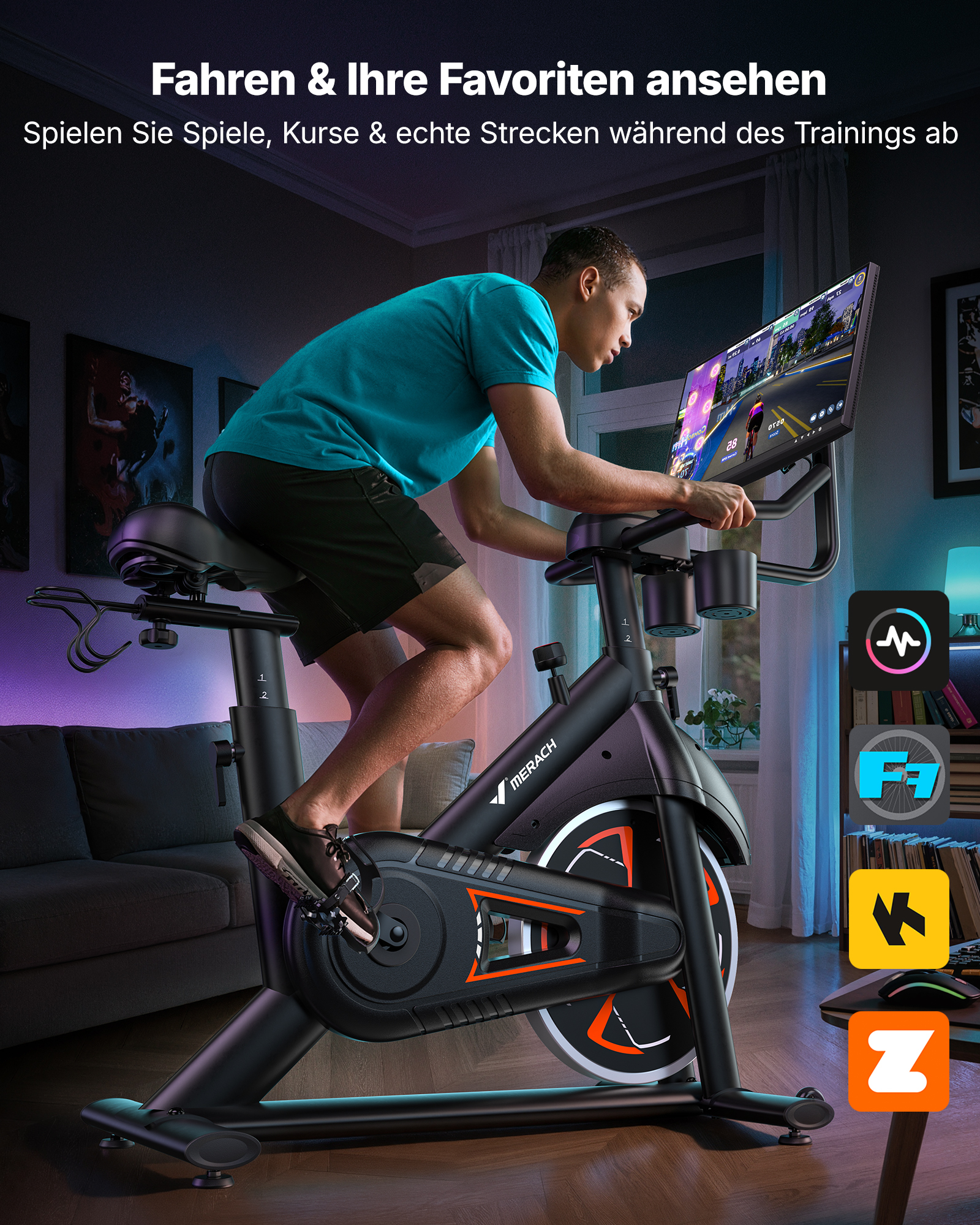 Ein Mann fährt in einem gedimmten Raum auf einem Heimtrainer mit Bildschirm; deutscher Text oben.