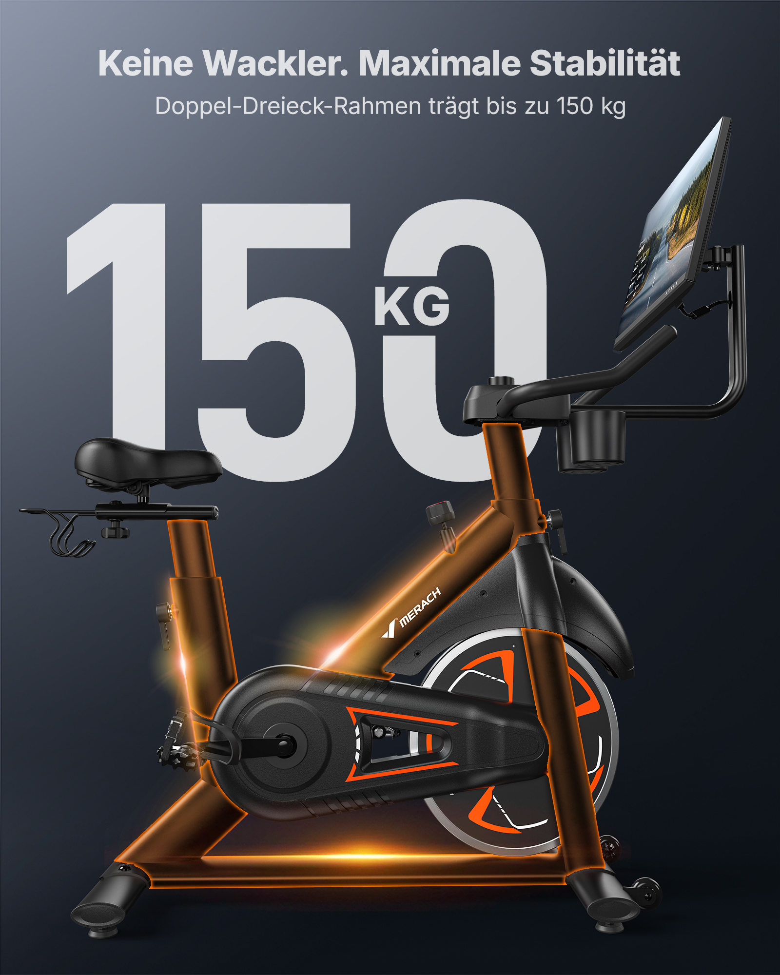 Stabiles Trainingsfahrrad mit doppeltem Dreiecksrahmen für bis zu 150 kg.