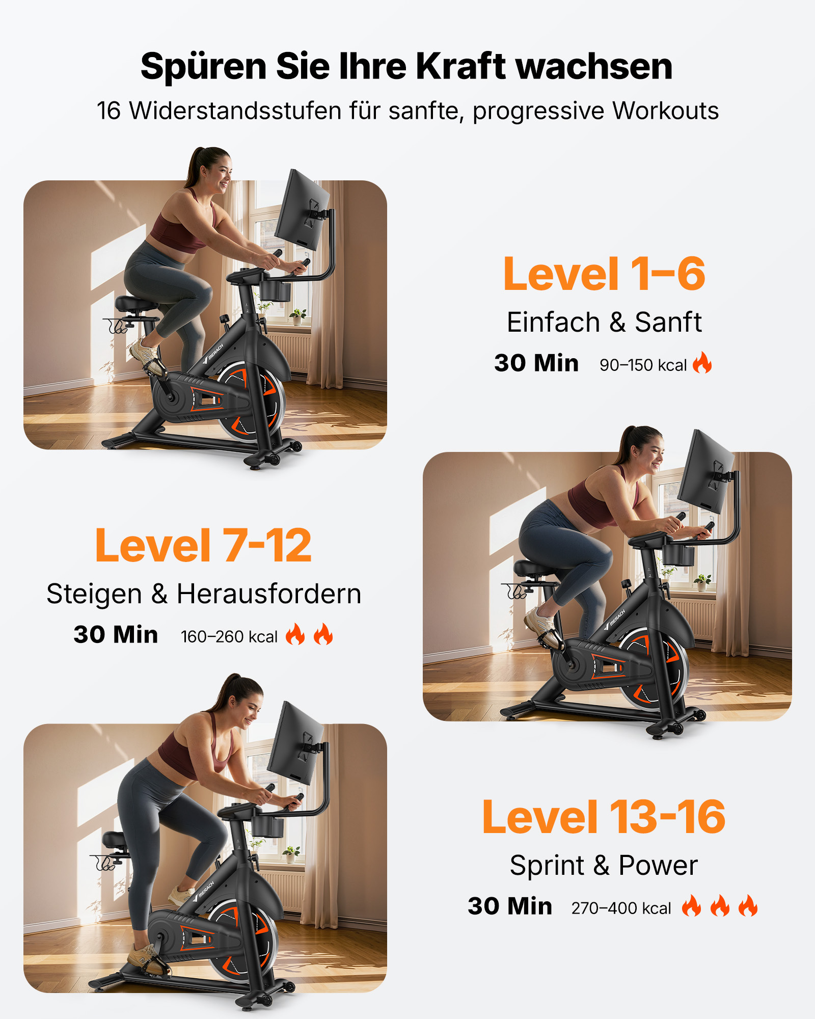 Eine Frau trainiert auf einem Heimtrainer mit 16 Widerstandsstufen und verschiedenen Workout-Intensitäten.