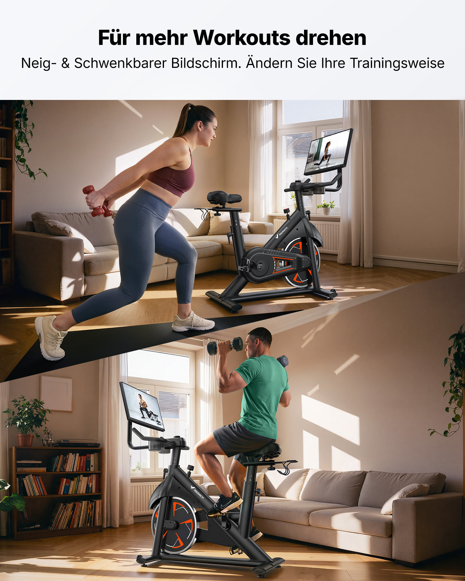 Eine Frau macht Ausfallschritte mit Hanteln und ein Mann trainiert auf einem Heimtrainer mit drehbarem Bildschirm.