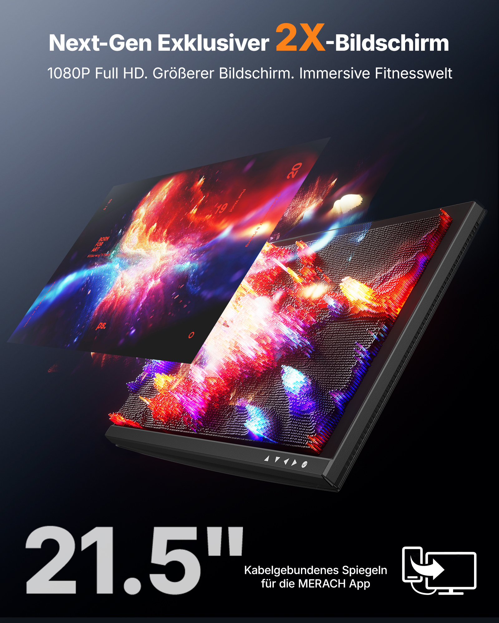 Werbebild für 21,5-Zoll-Bildschirm mit 1080P Full HD und App-Spiegelung.