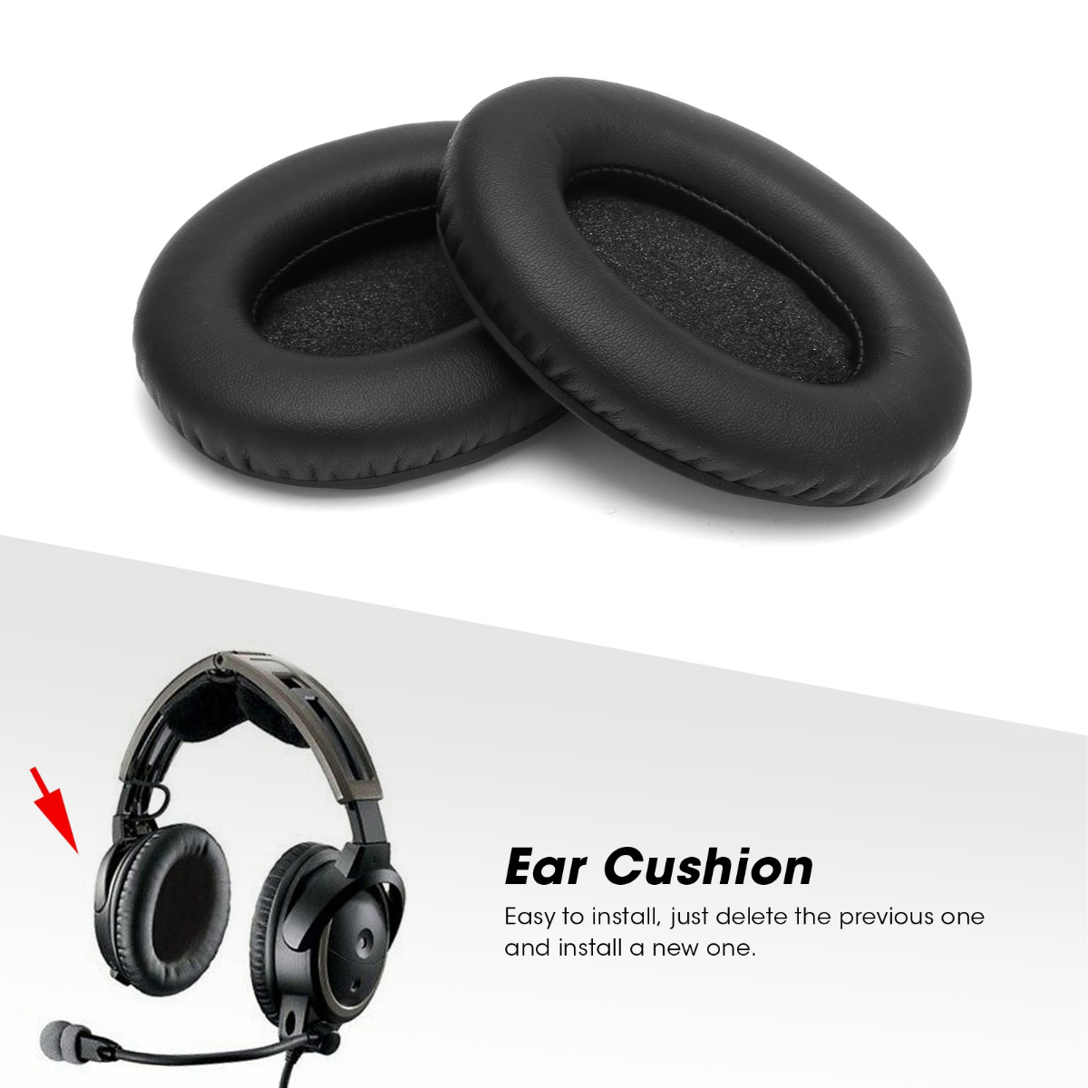 Zwei schwarze Kopfhörer-Ohrpolster und ein Bild, das deren Installation an einem Headset zeigt.