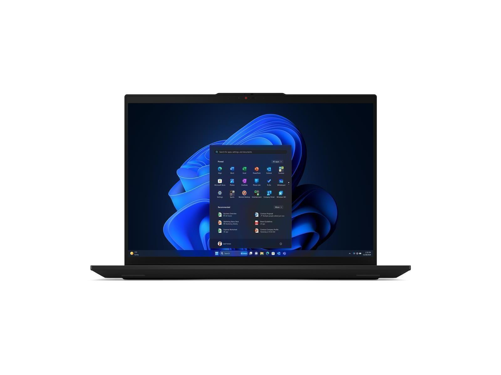 Ein schwarzer Laptop zeigt ein blaues Windows 11-Startmenü auf dem Bildschirm.