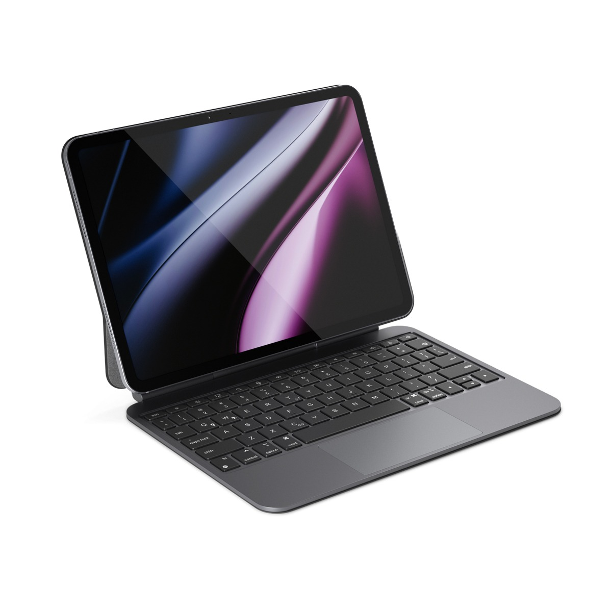 Ein graues Tablet mit Schutzhülle und integrierter Tastatur, das schräg auf einer weißen Oberfläche steht.