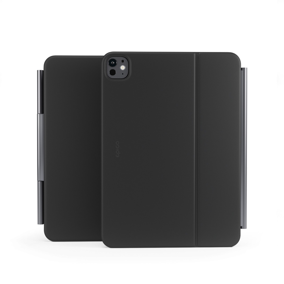 Zwei schwarze magnetische Tablet-Hüllen mit Kamera-Aussparung, von vorne und hinten vor weißem Hintergrund.