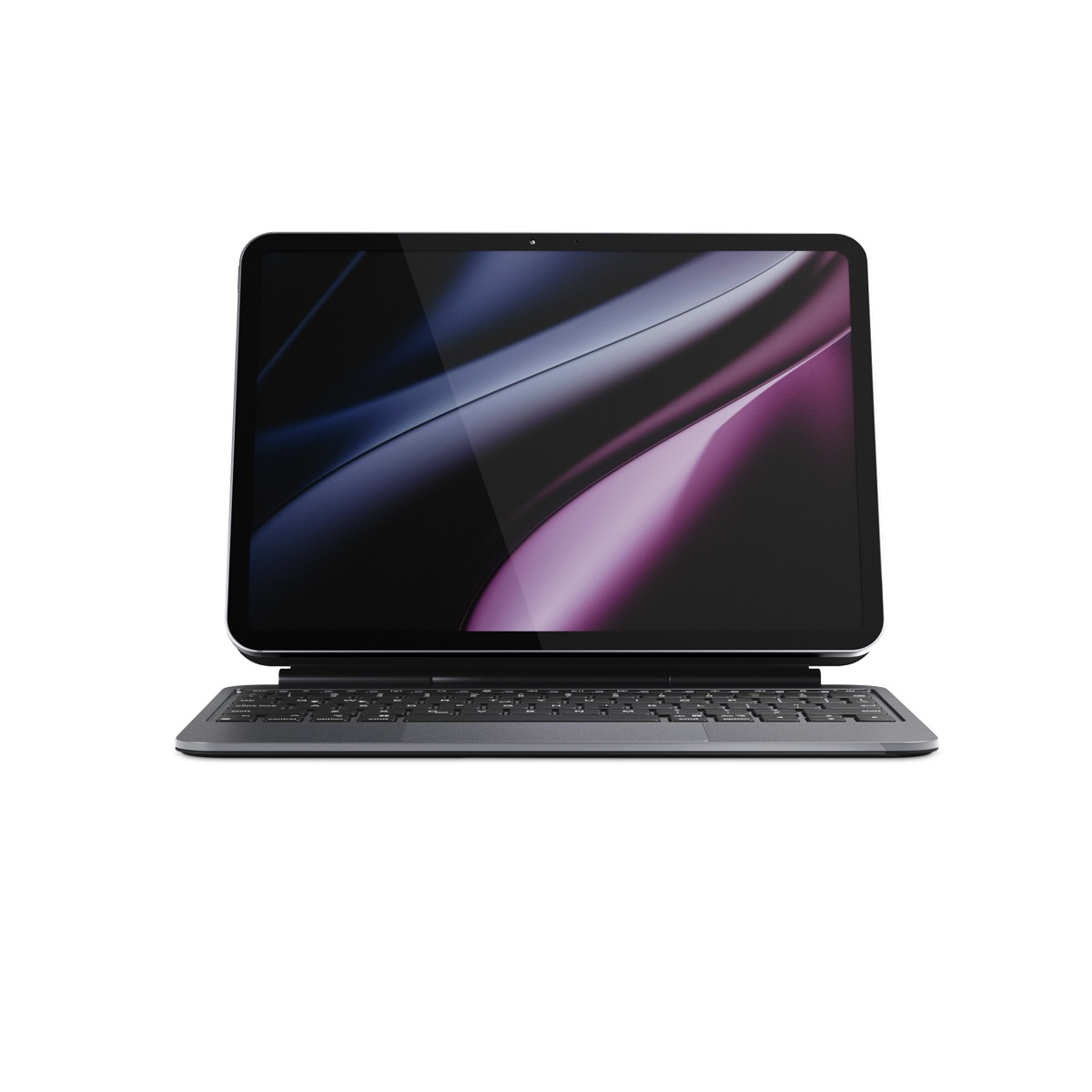 Ein Tablet mit dunklem Hintergrund und angebrachter Tastatur auf weißem Grund.