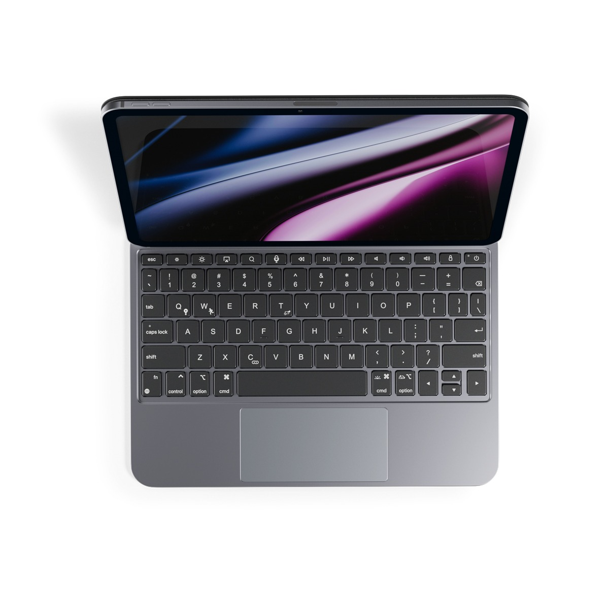 Ein graues Tablet mit angeschlossener Tastatur und Touchpad von oben gesehen.