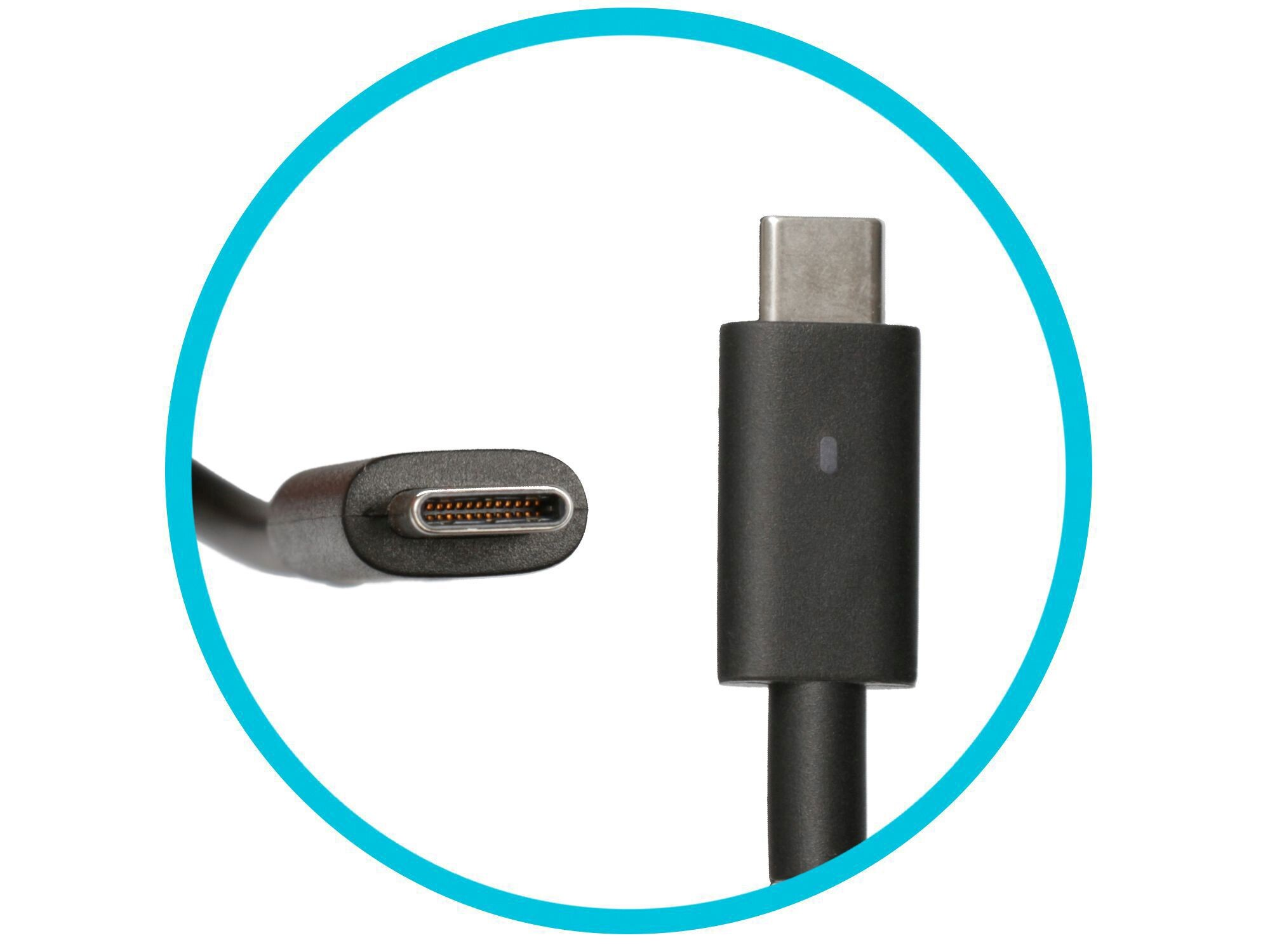 Zwei schwarze USB-C-Stecker vor weißem Hintergrund, eingerahmt von einem blauen Kreis.