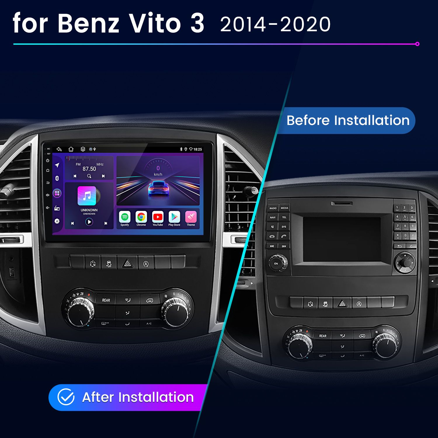 Vergleich der Benz Vito 3 Mittelkonsole vor und nach der Installation eines neuen Multimediasystems.