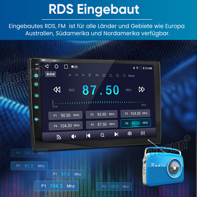 Autoradio mit RDS, UKW-Frequenzanzeige 87,50 MHz und Touchscreen auf blauem Hintergrund.
