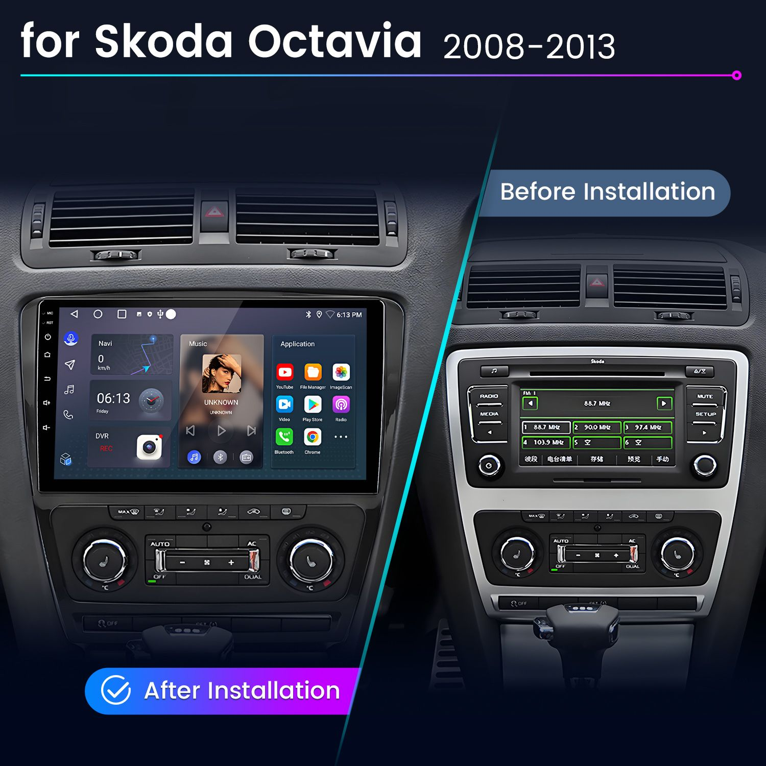 Vergleich der Skoda Octavia Mittelkonsole vor und nach dem Einbau eines neuen Infotainmentsystems.