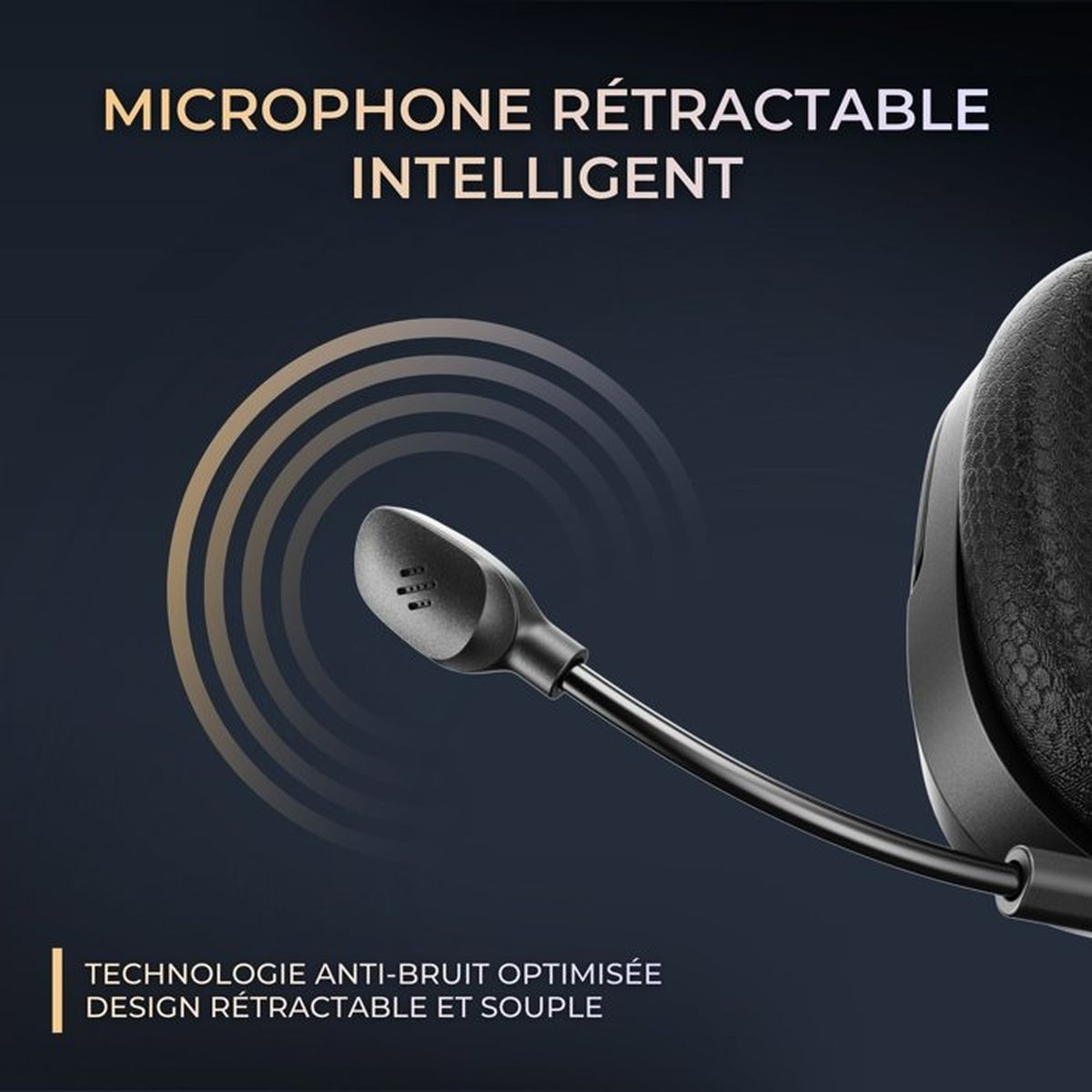 Nahaufnahme eines Headset-Mikrofons mit Schallwellen vor dunklem Hintergrund.