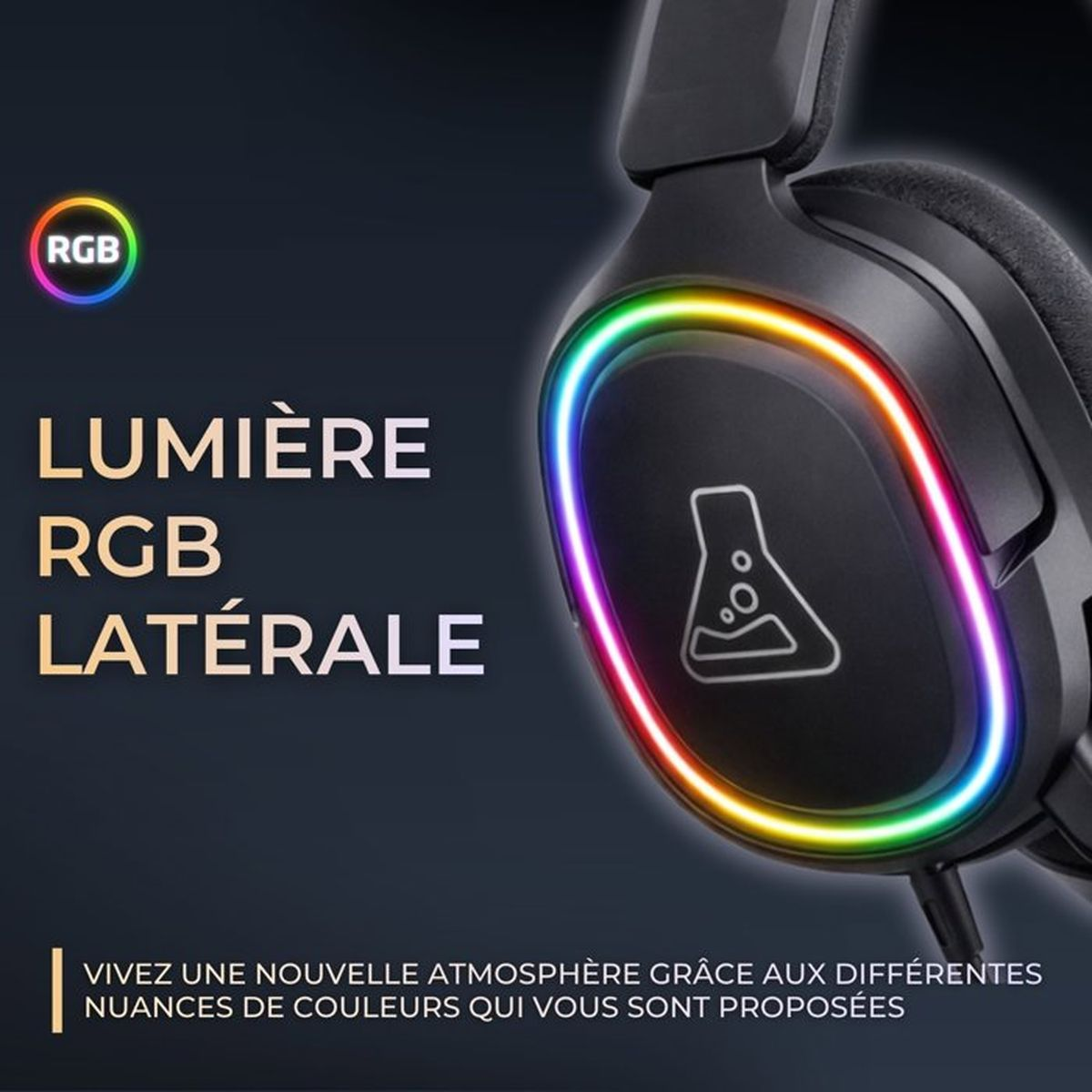 Schwarze Kopfhörer mit leuchtendem RGB-Ring auf der Ohrmuschel und Becherglas-Logo.