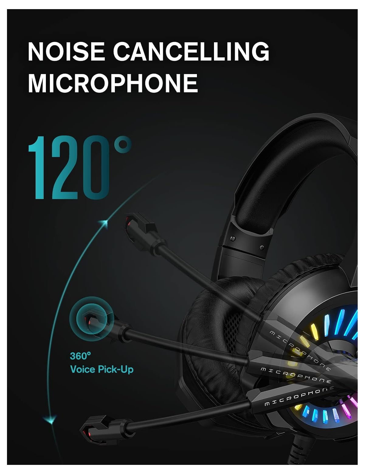 Ein schwarzes Gaming-Headset mit Rauschunterdrückung und 360-Grad-Sprachaufnahme.