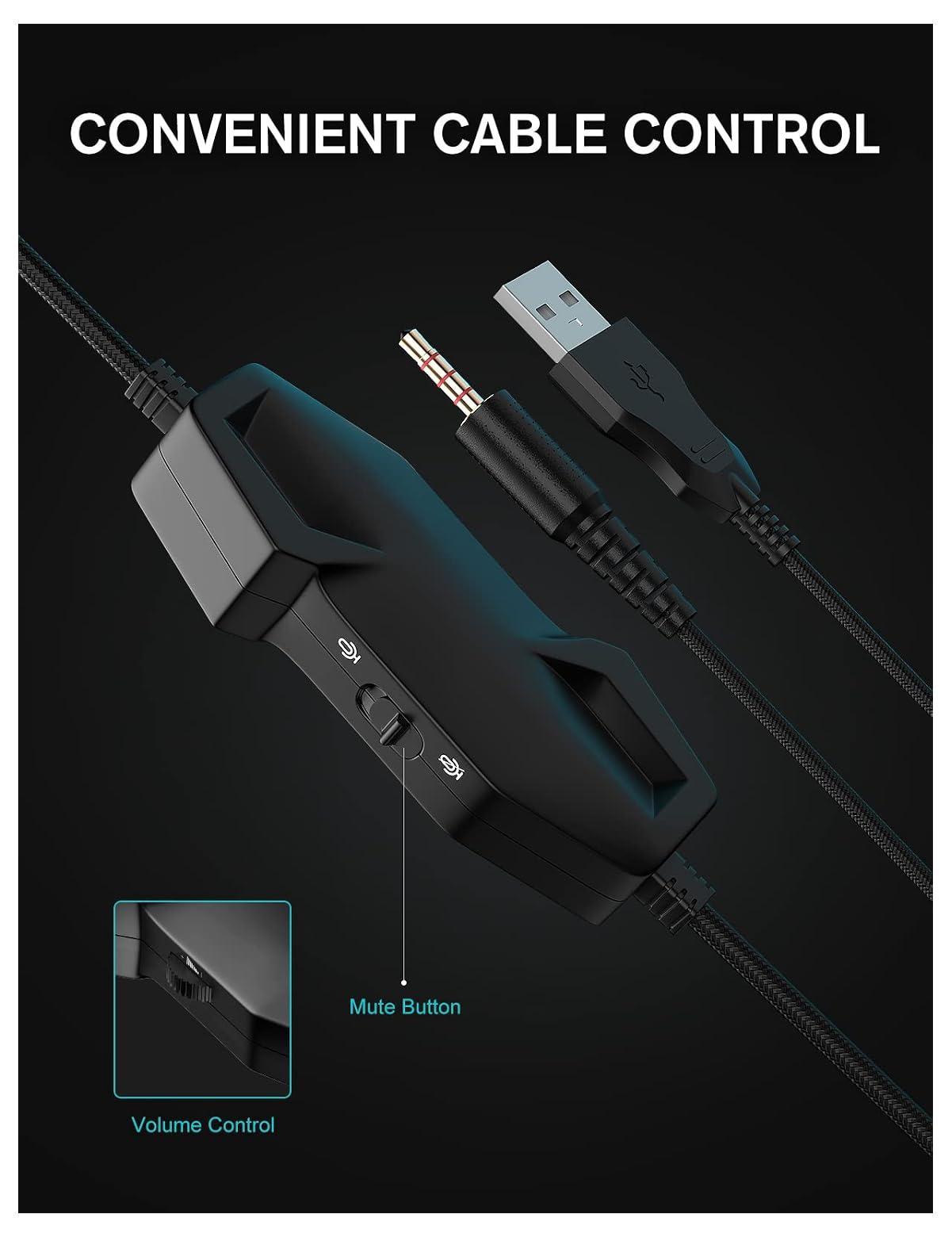 Schwarze Kabelfernbedienung mit Mikrofon-Stummschalter und Lautstärkeregler, verbunden mit Klinken- und USB-Stecker.