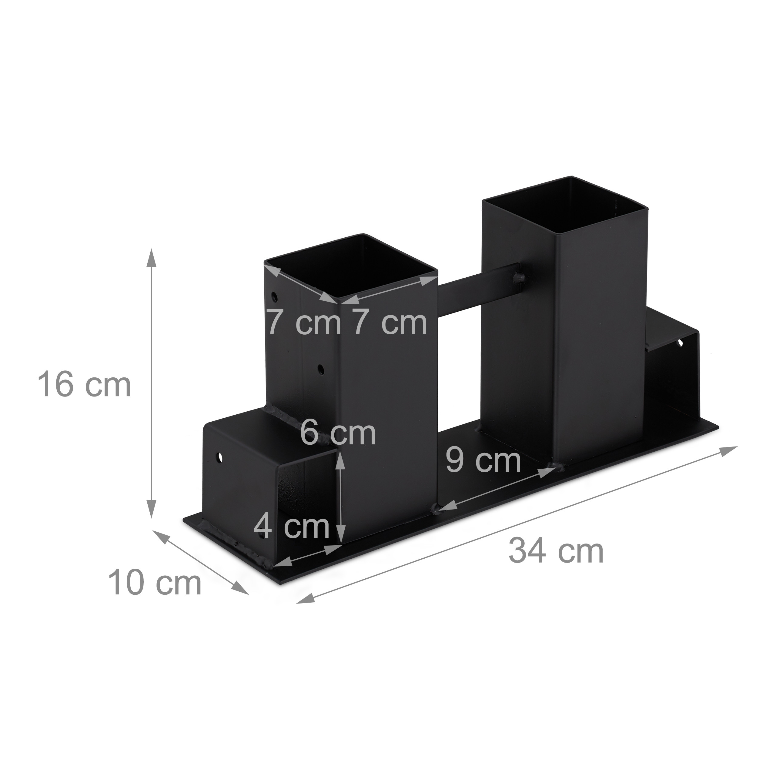 Schwarze Metallhalterung mit Abmessungen auf weißem Hintergrund.