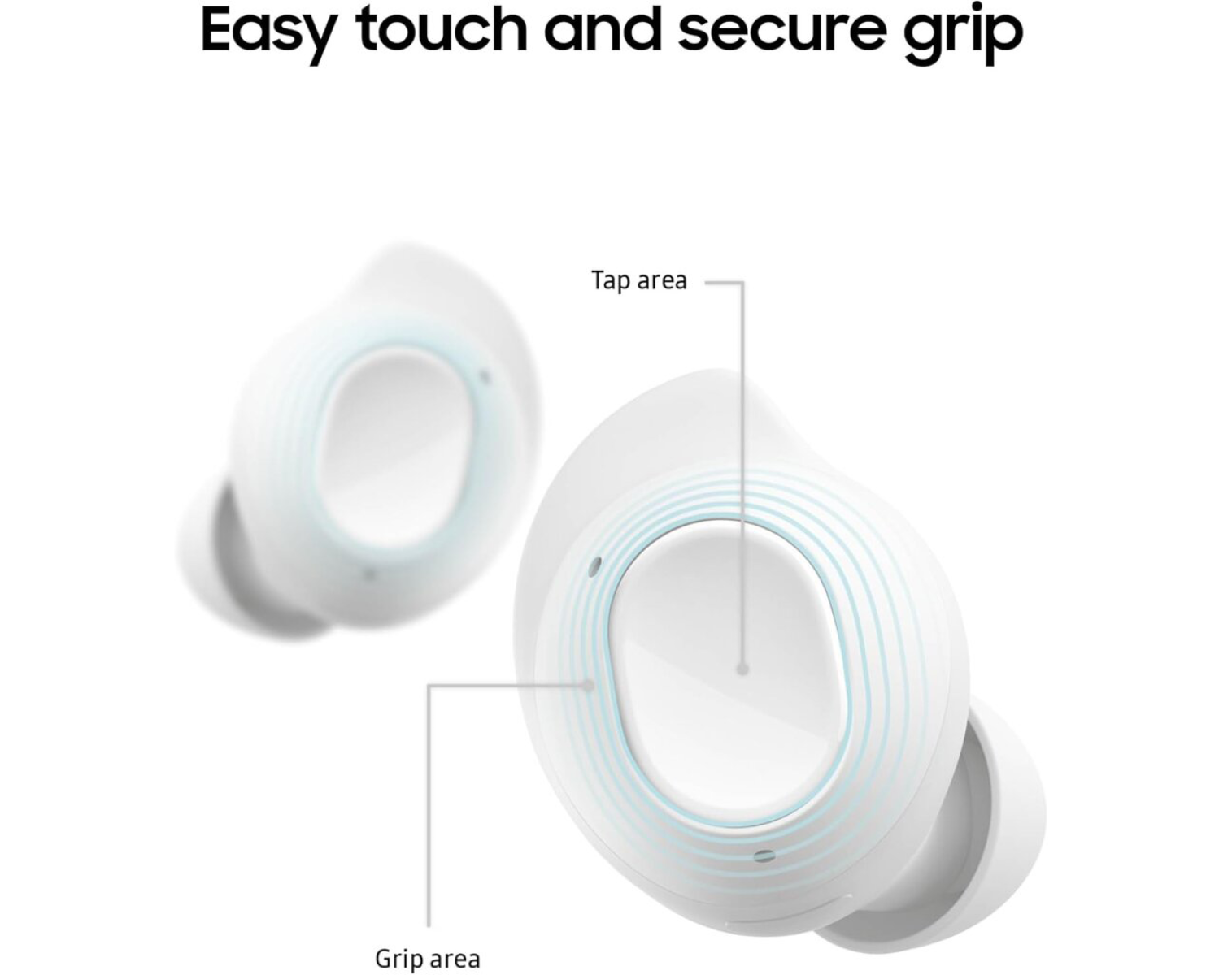 Weiße kabellose Ohrhörer mit beschrifteten Tipp- und Griffbereichen sowie Text Easy touch and secure grip.