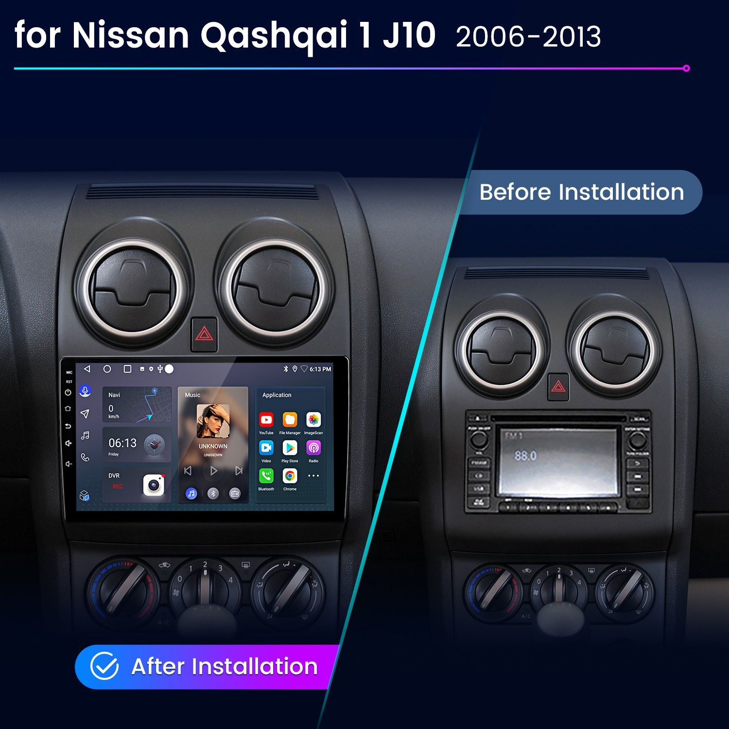 Vergleich der Nissan Qashqai Mittelkonsole vor und nach der Installation eines neuen Touchscreen-Radios.
