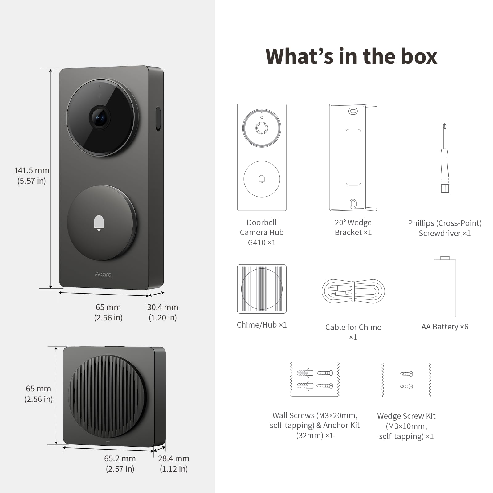 Diagramm zeigt Abmessungen und Inhalt der Box einer Aqara Videoklingel mit Zubehör.