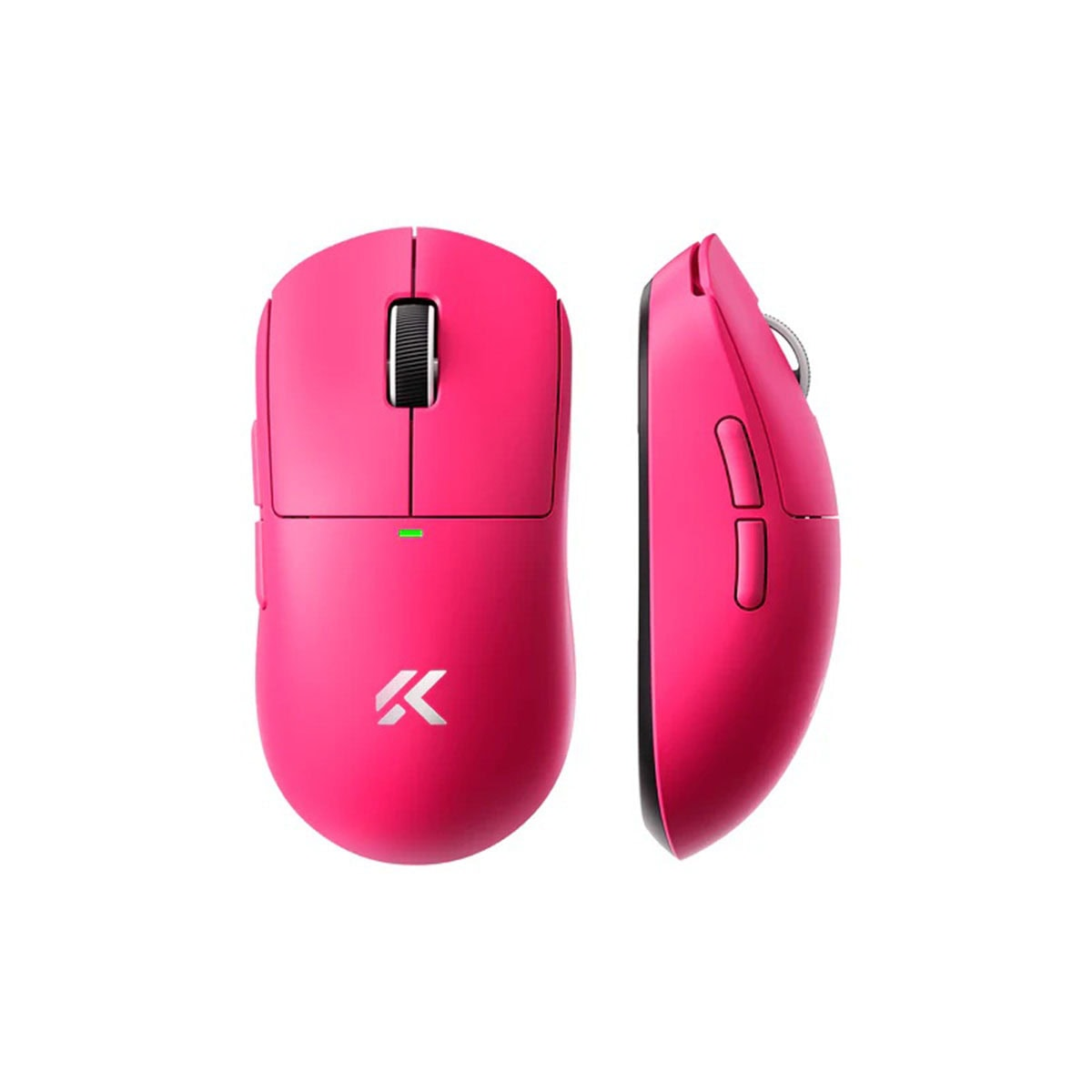 Üstten ve yandan gösterilen parlak pembe kablosuz oyuncu mouse'u, tekerlek ve yan tuşlar içerir.