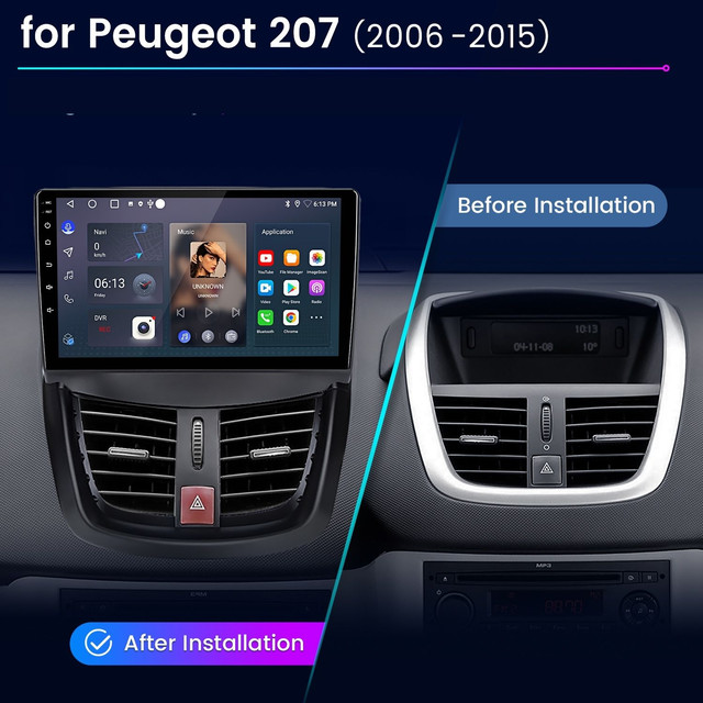 Vergleich Peugeot 207 Armaturenbrett: Vor und nach der Installation eines großen Touchscreen-Radios.