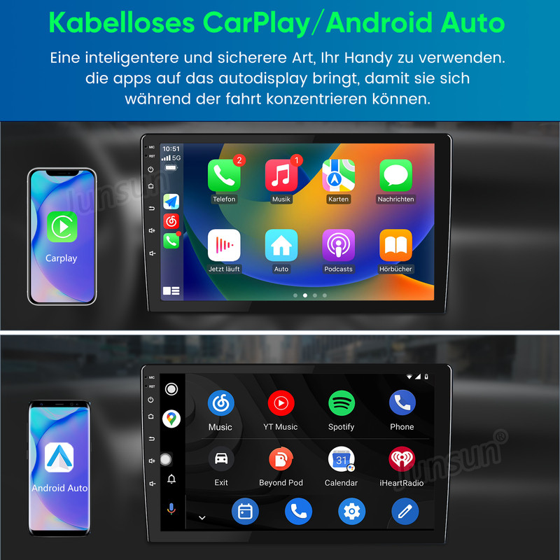 Autoradio-Bildschirm mit kabellosen CarPlay- und Android-Auto-Oberflächen und verbundenen Smartphones.
