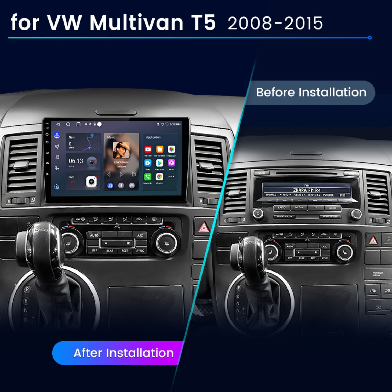 Vergleich eines VW Multivan T5 Armaturenbretts vor und nach der Installation eines modernen Multimediasystems.